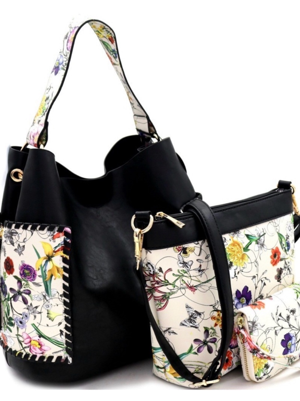 Floral Accent Black Tote & Crossbody Set - Designer-Style Women’s Bags